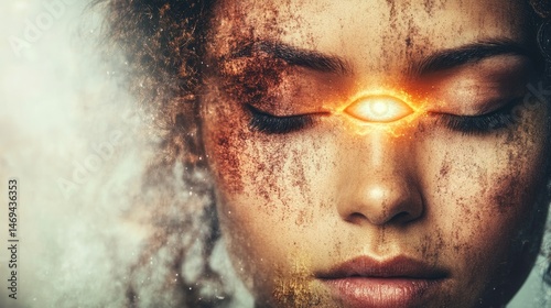 Enigmatic oracle close-up with glowing third-eye symbol, mysterious and wise expression.