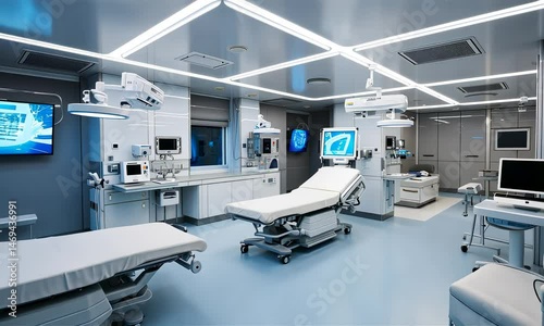 Interior of modern laboratory,  hospital operation room with medical equipment and monitoring screens