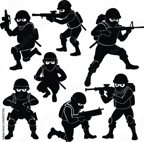 Six Silhouettes of Soldiers in Combat Positions