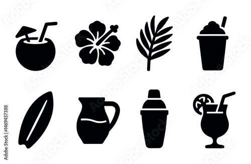 Beach and tropical silhouette icons set – summer, vacation, travel graphics
