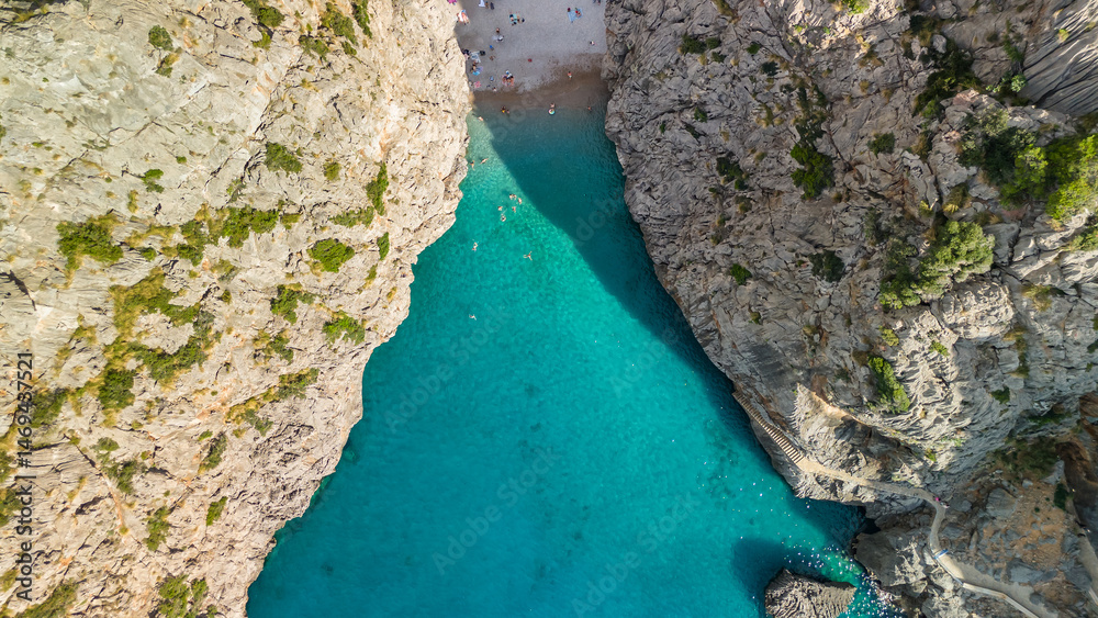 Aerial view of Sa Calobra Beach in Mallorca, Balearic Islands, Spain