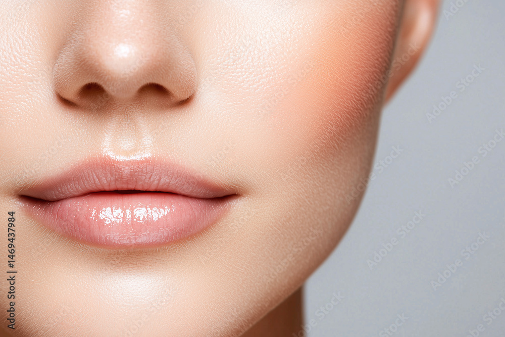 Obraz premium Close up of smooth, radiant face showcasing healthy skin with natural glow, featuring soft lips and subtle blush on cheeks, emphasizing beauty and skincare
