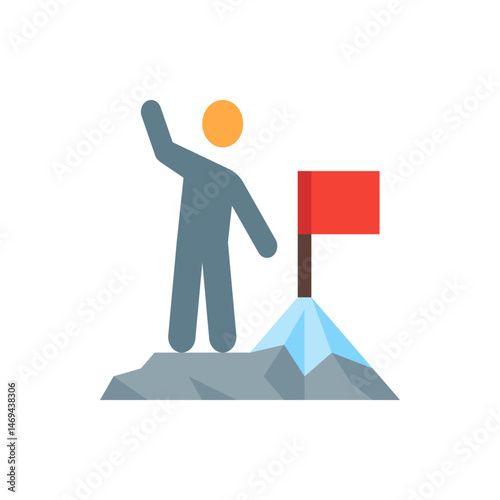 Illustration of a person with a round head standing on a mountain next to a flag waving their hand