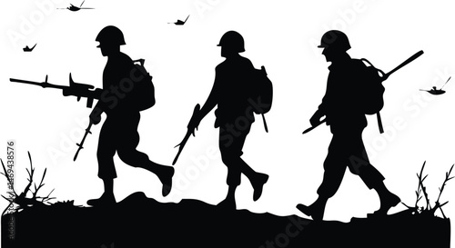 Silhouette of Three Soldiers Marching in a Battlefield