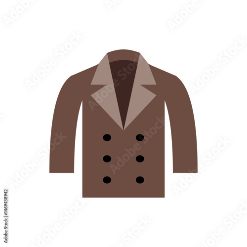Illustration of a brown double breasted coat with light brown lapels and six black buttons displayed
