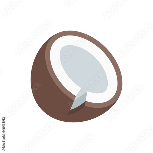 Illustration of a halved coconut with brown shell and light gray flesh on a white background visual