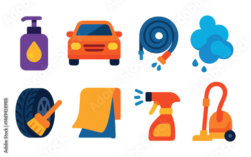 Car wash and cleaning flat icons set – vehicle, maintenance, hygiene symbols