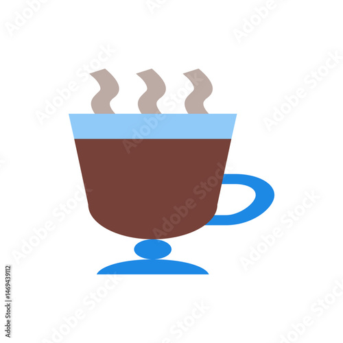 Illustration of a tall coffee glass with steam rising from the top and a blue handle on the right side