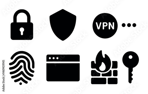 Cybersecurity solid icons set – flat, filled, data protection and privacy symbols