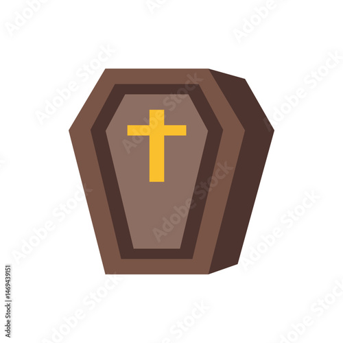 Illustration of a brown coffin with a yellow cross on the front panel against a white background space