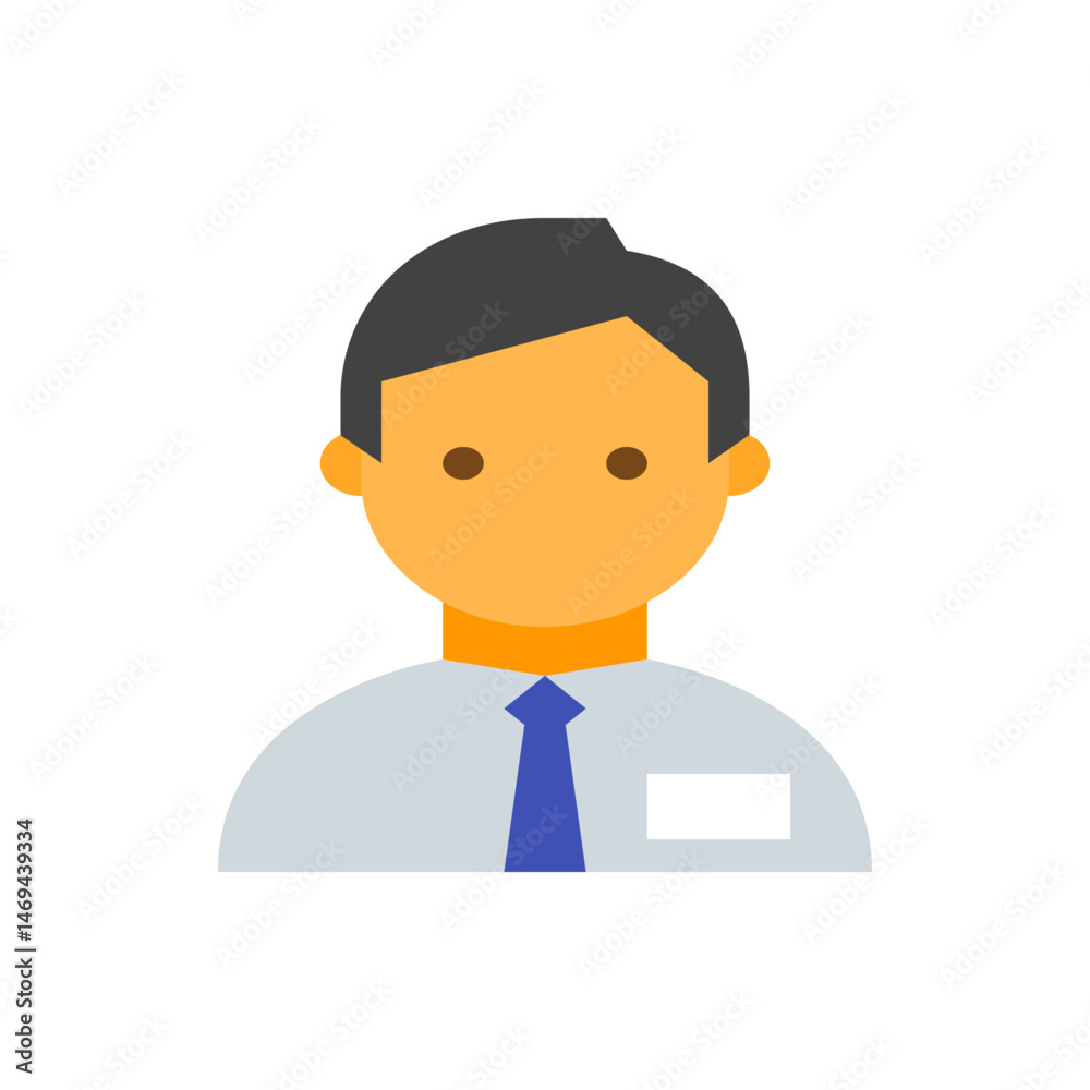 Illustration of a man with an orange face, dark hair, wearing a light blue shirt and a blue tie icon Illustration of a man with an orange face, dark hair, wearing a light blue shirt and a blue tie icon