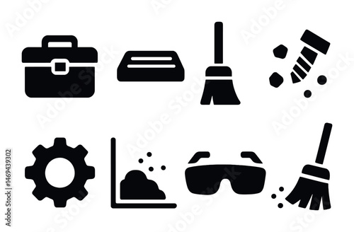 Industrial cleaning solid icons set – tools, equipment, maintenance symbols