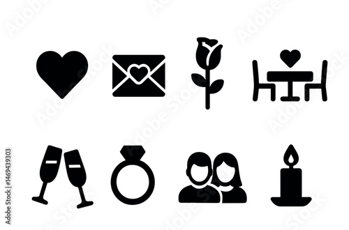 Romantic and wedding solid icons set – love, silhouette, engagement symbols