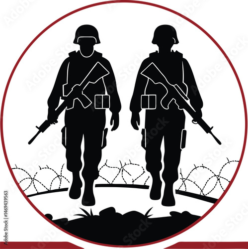 Two Silhouetted Soldiers Walking Near Barbed Wire
