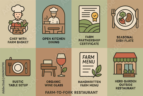 Farm-to-fork outline icons set – rustic, organic, culinary symbols