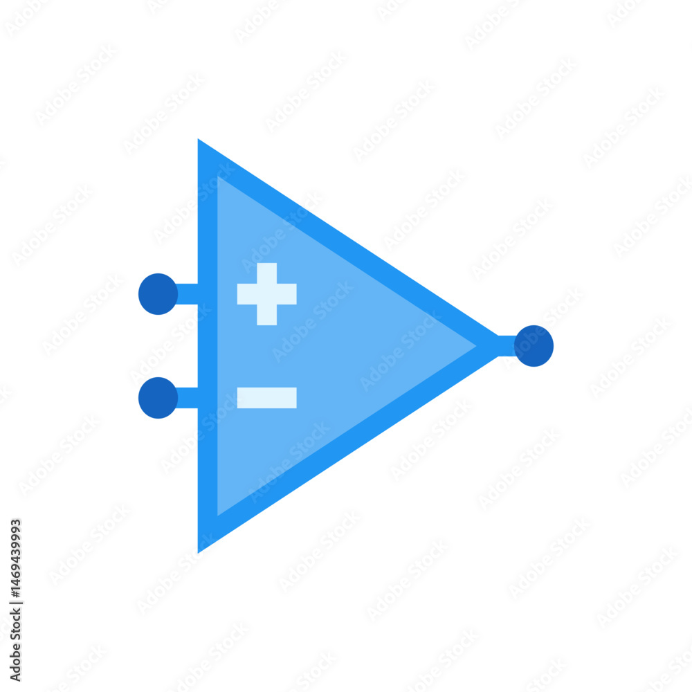 Illustration of a blue operational amplifier symbol with plus and minus signs on a white background design