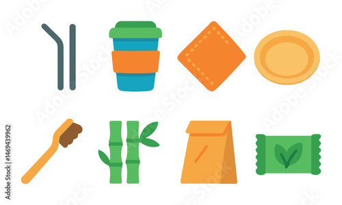 Sustainable living flat icons set – eco-friendly, green, reusable symbols