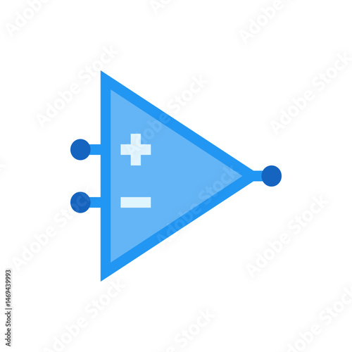Illustration of a blue operational amplifier symbol with plus and minus signs on a white background design