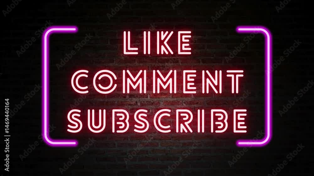 Neon sign on a dark brick wall displaying the like, comment, subscribe text in bright pink light. 4K social Media end video template