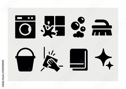 Cleaning and maintenance solid icons set – filled, hygiene, sanitation graphics