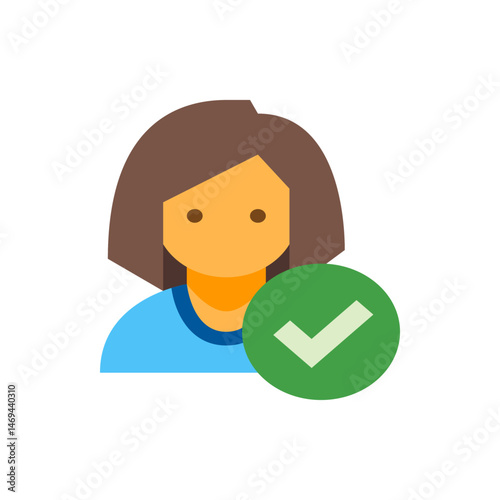 Illustration of a faceless woman with brown hair and a green checkmark circle on the right side icon