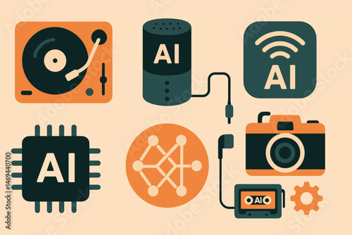 Artificial intelligence flat icons set – linear, tech, machine learning symbols