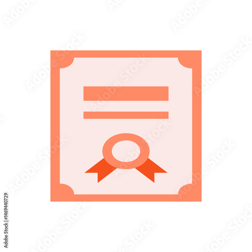 Illustration of a certificate with a seal and ribbon on a light background with an orange border design element