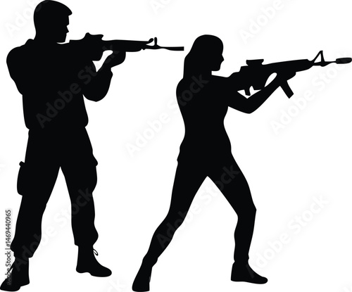 Silhouette of a Man and Woman Aiming Rifles