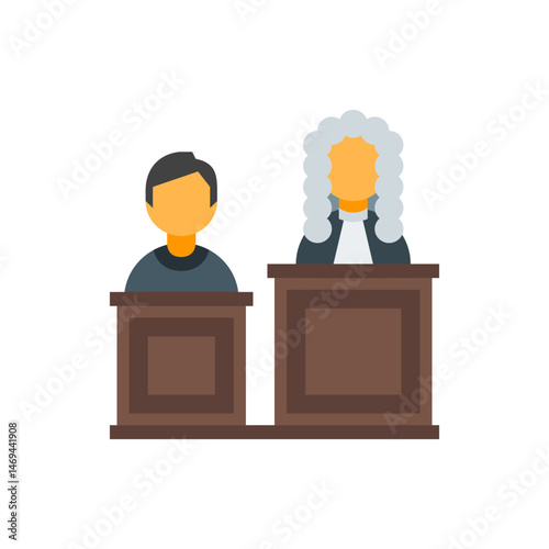 Illustration of two figures one with a wig behind wooden podiums in a courtroom setting representation