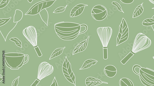 Seamless lineart pattern featuring matcha icons, including whisks, bowls, and leaves, all set against calming green background. This design evokes sense of tranquility and wellness