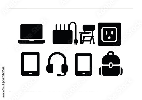 Work and education solid icons set – flat, filled, office and learning symbols