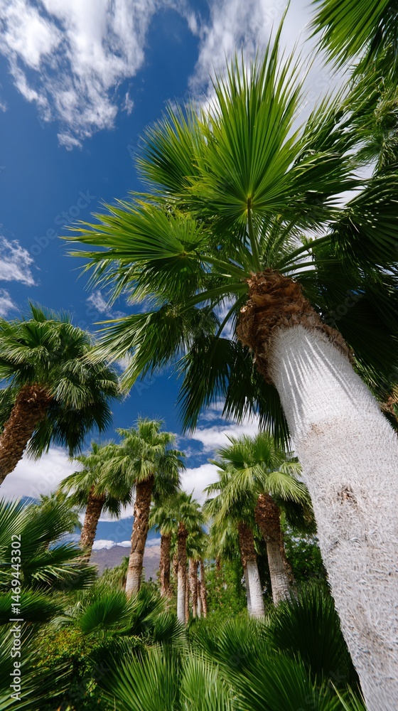 Fototapeta premium Palm trees reaching towards a vibrant sky. Lush green foliage and white trunks