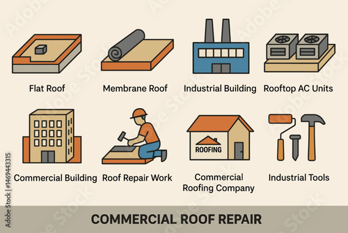 Commercial roofing isometric icons set – flat, industrial, repair and building tools