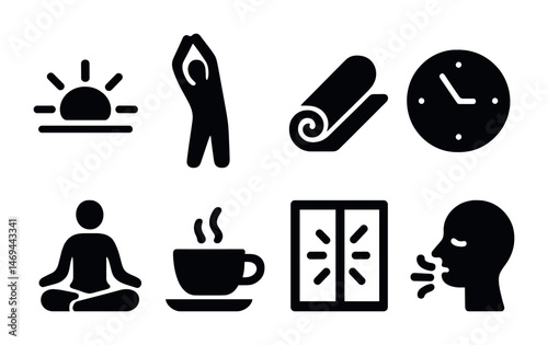 Wellness and morning routine solid icons set – silhouette, fitness, health symbols