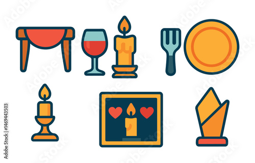 Dining and tableware flat icons set – culinary, kitchen, restaurant symbols