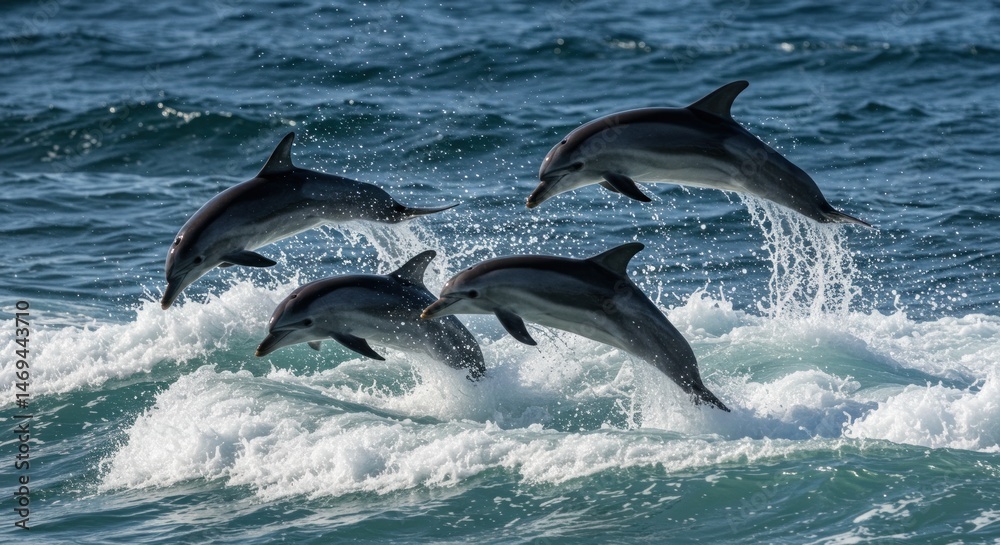 Fototapeta premium Dolphins leaping in the ocean waves
