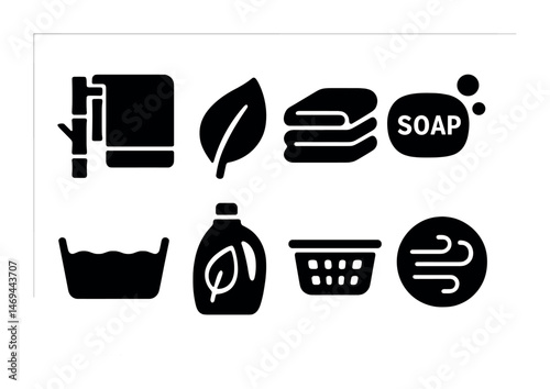 Eco-friendly cleaning solid icons set – green, sustainable, hygiene symbols