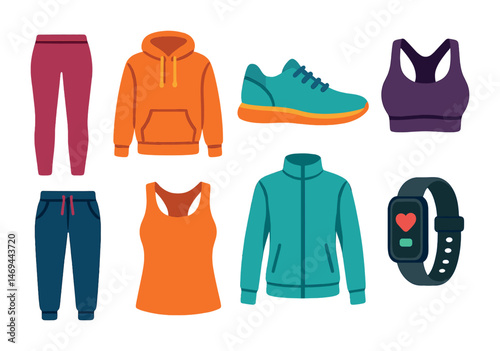 Sports apparel and gear icons set – flat, silhouette, fitness and exercise symbols