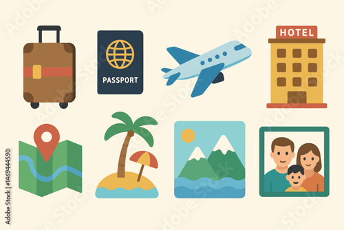 Travel and tourism icons set – flat, vacation, trip planning symbols