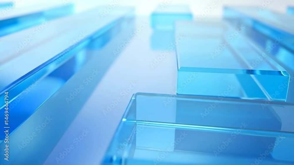 Abstract geometric forms of blue glass creating modern design background. Shiny, reflective objects arranged in layers for wallpaper or backdrop.