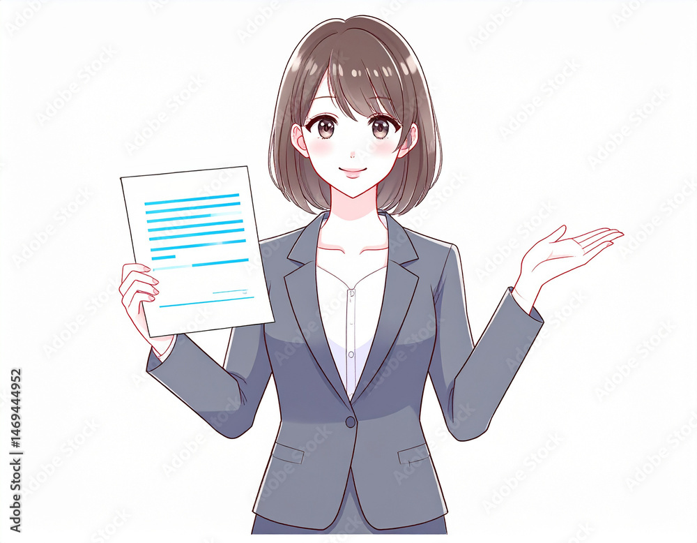 女性社員が紙を見せて案内をするイラスト。白い背景。AIで生成 女性社員が紙を見せて案内をするイラスト。白い背景。AIで生成