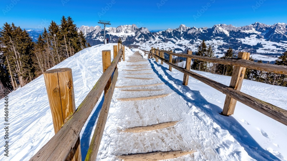 Obraz premium Snowy Wooden Pathway Leading To Mountain Peak With Blue Sky And Snowy