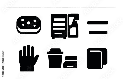 Cleaning supplies silhouette icons set – solid, filled, janitorial and housekeeping tools