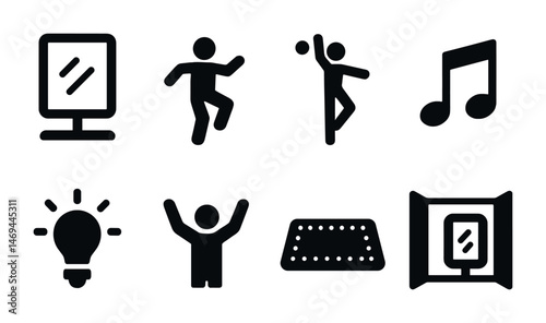 Dance and music solid icons set – silhouette, performance, artistic symbols