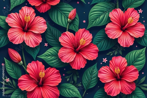 Wallpaper Mural Bold, vibrant hibiscus blooms, tropical leaves, seamless repeat , seamless, exotic, blossom Torontodigital.ca
