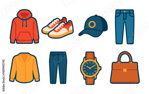 Fashion and apparel icons set – flat, filled, wardrobe and style symbols