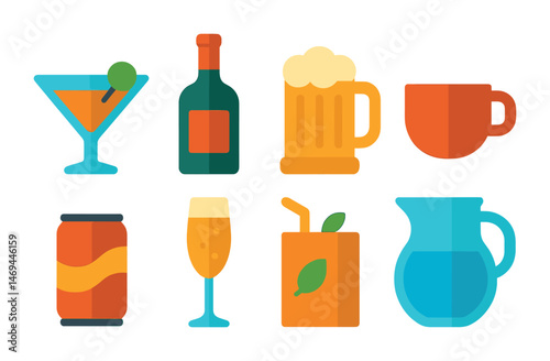 Beverage and drink flat icons set – filled, solid, bar and refreshment symbols