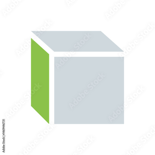 A three dimensional cube with two visible light gray faces and one vertical bright green face shown