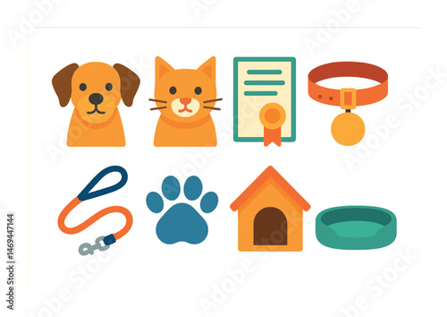 Pet and animal care flat icons set – veterinary, domestic animals, grooming symbols