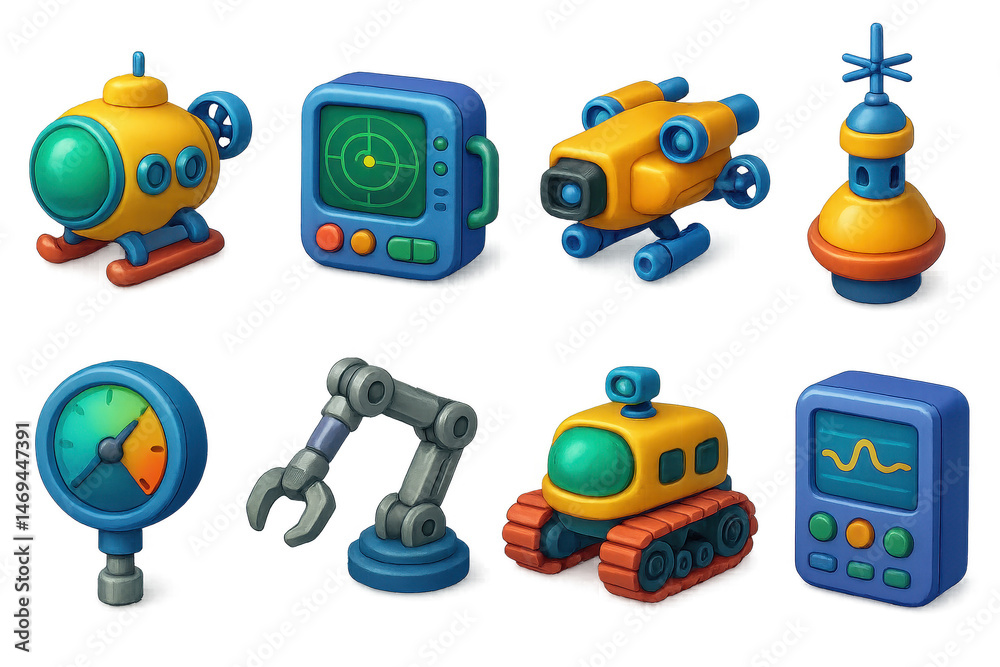 Obraz premium Underwater exploration equipment icons set – submarine, sonar, buoy, gauge, robotic arm. 3D icon set